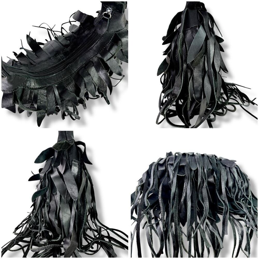Bohemian Fringe Western Cowgirl Cowboy Rodeo Black Leather Hobo Shoulder Bag - Picture 4 of 12